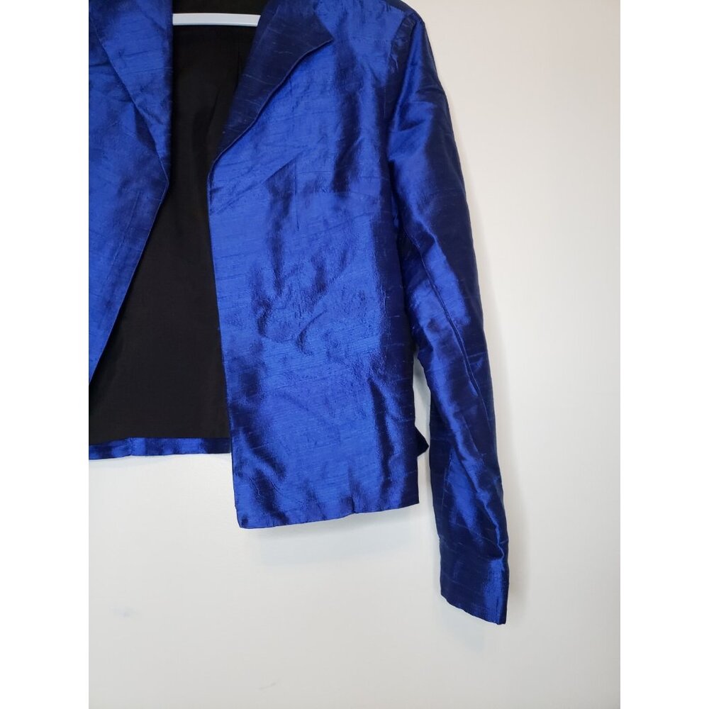 Bleu Bayou Womens M Formal Jacket Shiny Lined Bright Blue 100% Silk Open Front - Picture 3 of 5
